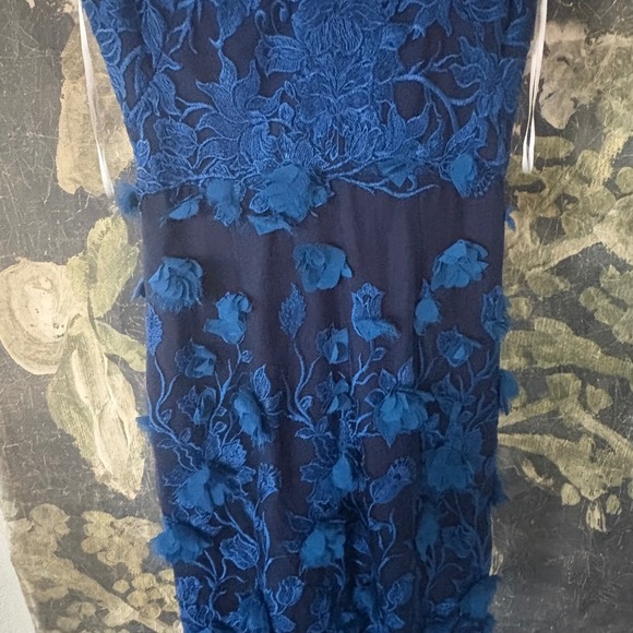 Marchesa Notte Blue Floral 3D Applique Lace V-Neck Sheath Dress Size 0 - Picture 6 of 10